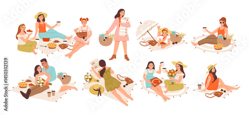Summer picnic with people on a blanket and with baskets outdoors. Cozy picnic in nature with friends and food. Flat vector illustration set of family, vacation, or alfresco gathering.