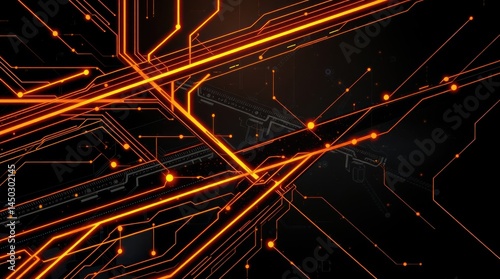 Glowing orange circuitry lines intersect on a dark background, creating a complex technological pattern