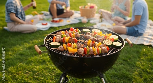 Outdoor Summer Barbecue with Grilled Vegetables and Skewers on Open Flame