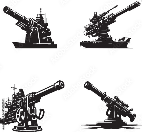 Vector Illustrations of Naval Artillery Gun Silhouettes