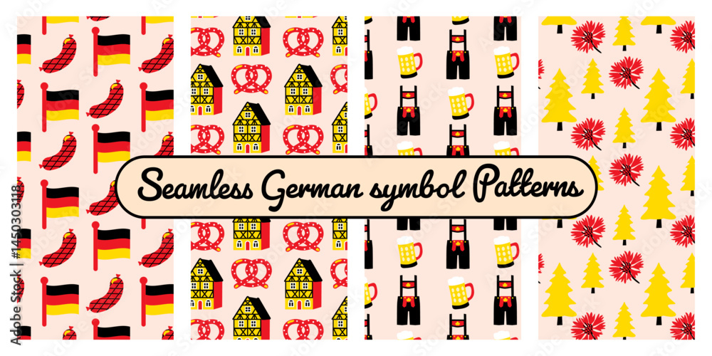 Obraz premium Set of German seamless vector patterns with lederhosen, pretzels, beer, half-timbered houses and cornflower in red, black and yellow