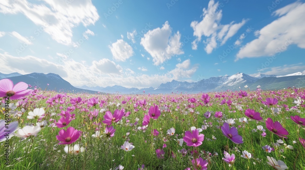 Fototapeta premium Vibrant Flower Meadow with Mountain Backdrop, Sunny Day Scenery