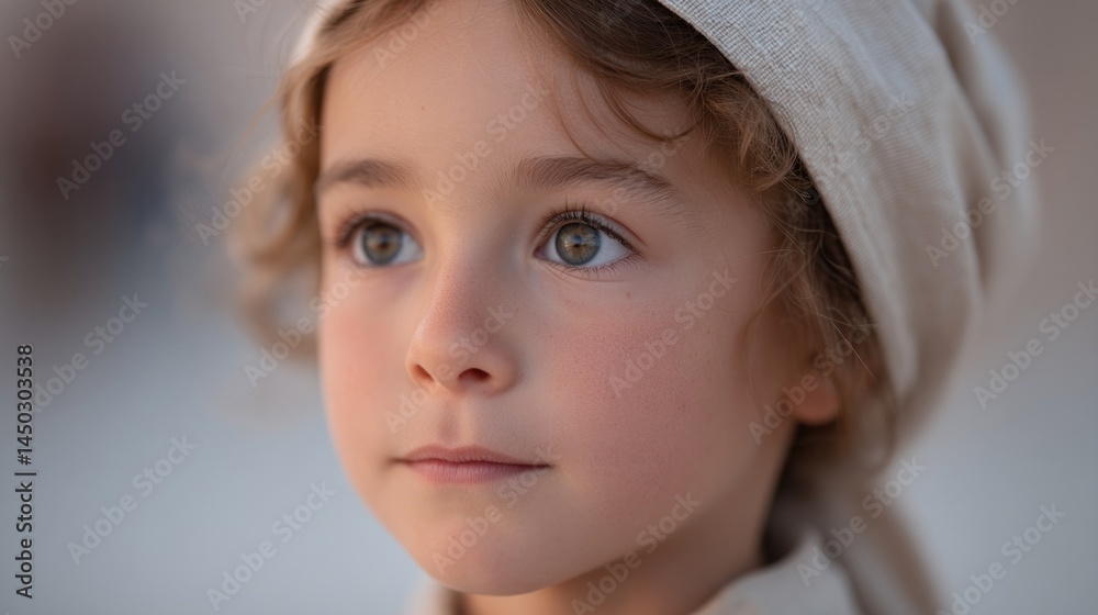 contemplative child dressed in traditional attire celebrates shavuot captured against blurred background contemplative child dressed in traditional attire celebrates shavuot captured against blurred background