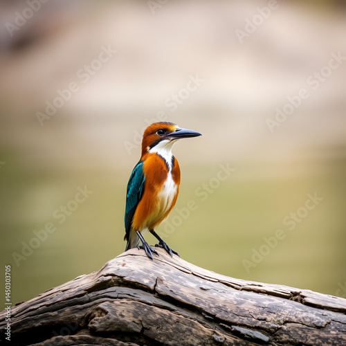 Woodland kingfisher standing on a log after bath in Greater Kruger National park, South Africa ; specie Halcyon senegalensis family of Alcedinidae