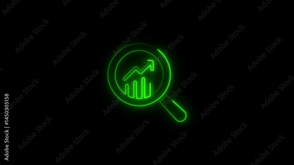 Glowing green neon magnifying glass with rising financial chart on black background Glowing green neon magnifying glass with rising financial chart on black background