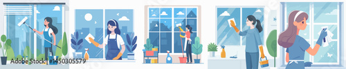 a woman cleaning window glass style vector flat design