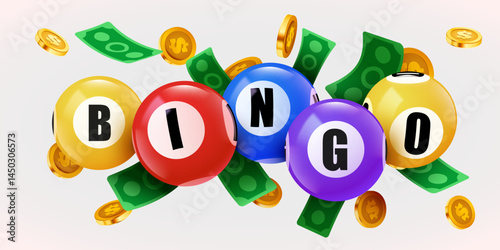 Bingo banner. Floating 3D lotto game balls, lotteries gaming event promotion with golden coins.