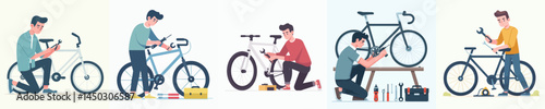 a man repairing a bicycle style vector flat design