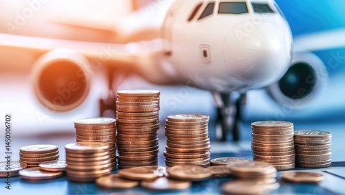 Travel costs depicted by stacks of coins in front of a model airplane.  The coins represent the financial investment in air travel