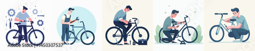 a man repairing a bicycle style vector flat design