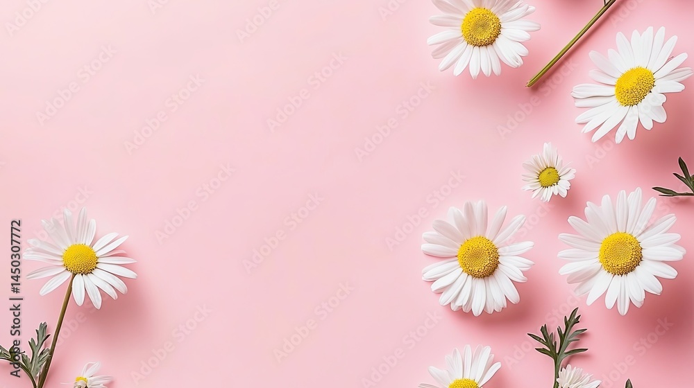 Fototapeta premium White Daisies Pattern on Light Rose Backdrop. Spring Flowers Flat Lay.
