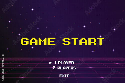 GAME START. pixel art .8 bit game. retro game. for game assets in vector illustrations. arcade gaming.