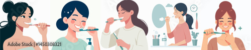 a woman is brushing her teeth style vector flat design