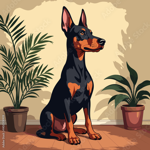 Doberman with Docked Ears Sitting Calmly in a Domestic Setting  