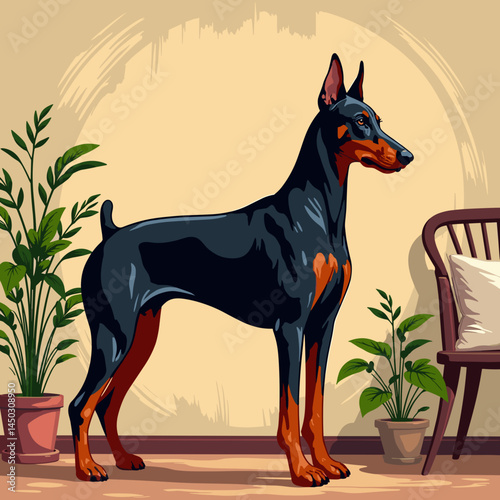 Doberman Pinscher standing guard in a stylish indoor setting  