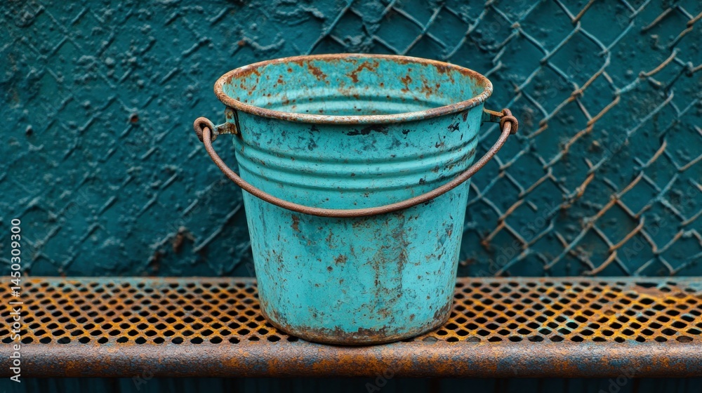 Naklejka premium Rusted teal bucket on metal shelf