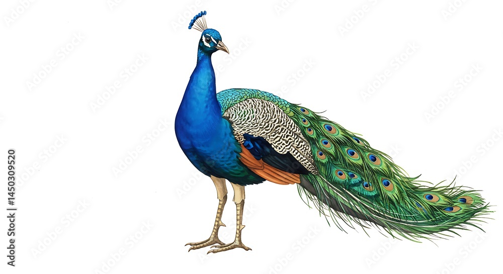 Fototapeta premium Magnificent peacock with iridescent plumage isolated on a white background