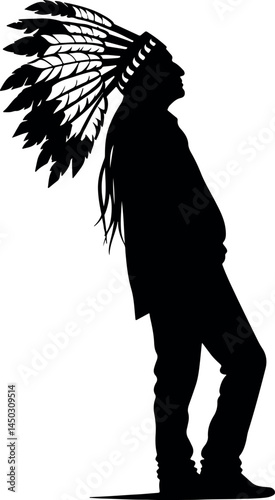 Captivating Native American Silhouette with Feathered Headdress Walking – A Striking Vector Illustration Showcasing Tribal Culture, Indigenous Heritage, and Timeless Traditional Design