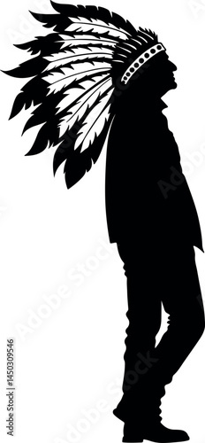 Captivating Native American Silhouette with Feathered Headdress Walking – A Striking Vector Illustration Showcasing Tribal Culture, Indigenous Heritage, and Timeless Traditional Design