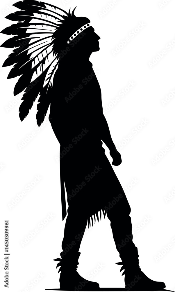 Fototapeta premium Captivating Native American Silhouette with Feathered Headdress Walking – A Striking Vector Illustration Showcasing Tribal Culture, Indigenous Heritage, and Timeless Traditional Design