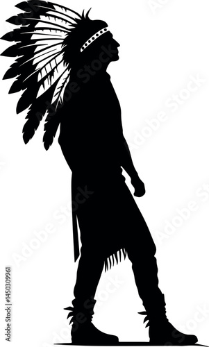 Captivating Native American Silhouette with Feathered Headdress Walking – A Striking Vector Illustration Showcasing Tribal Culture, Indigenous Heritage, and Timeless Traditional Design