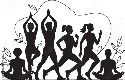 Black line art of diverse people doing exercise and wellness activities like yoga, running, and meditation