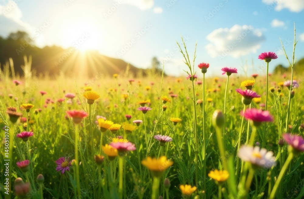 Fototapeta premium Vibrant wildflower meadow in sunlight with blue sky and clouds