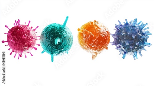 High detail scientific visualization of immune cell like T cell B cell macrophage interacting pathogen vibrant immunological response sterile 3D space white background no text suitable medical