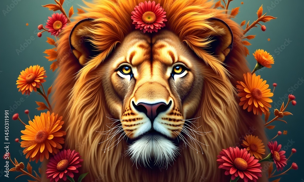 Fototapeta premium A regal lion adorned with vibrant orange and red daisies, showcasing strength and elegance against a muted teal background
