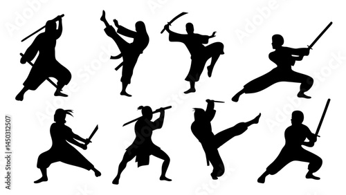 set of kungfu silhouette vector on tranparent background