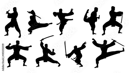 set of kungfu silhouette vector on tranparent background