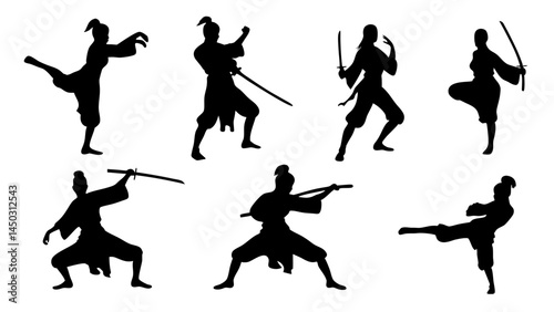 set of kungfu silhouette vector on tranparent background