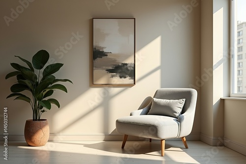 Serene interior scene potted plant chair art