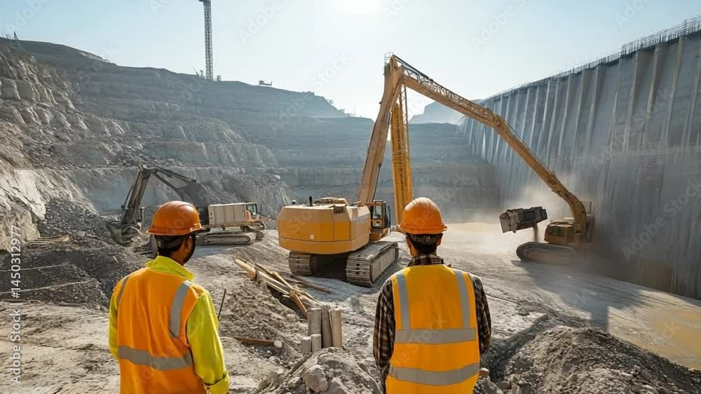 Massive Dam Construction Project: Workers Overseeing Excavation and Infrastructure Development