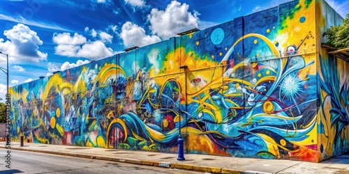 Vibrant street art sprawls across a weathered concrete wall in Wynwood's arts district, with splashes of blue and yellow hues complementing the urban landscape, street art, vibrant colors
