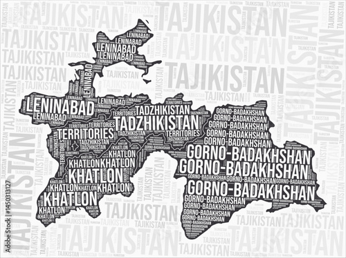 Tajikistan regions map word cloud. Tajikistan region names. Black and white map design. Beautiful vector illustration.