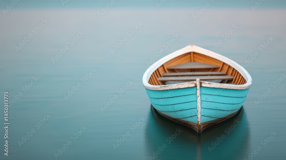 A single blue wooden rowboat floats calmly on still, clear water, creating a peaceful and serene scene with soft reflections. A single blue wooden rowboat floats calmly on still, clear water, creating a peaceful and serene scene with soft reflections.