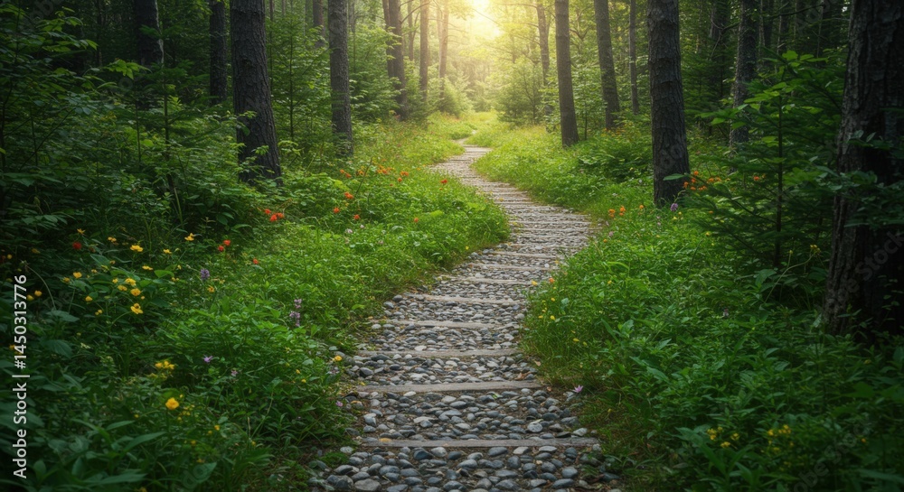Fototapeta premium Stone Path Winding Through Green Forest Nature Journey