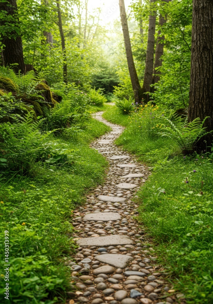 Stone Path Winding Through Green Forest Nature Journey