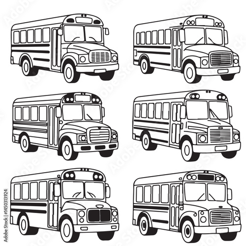 school bus icon outline coloring book page line art vector silhouettes set