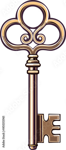 Antique Skeleton Key Vector Isolated, Vintage, Classic Rustic Lock Accessory, Old-Fashioned Ornate Design