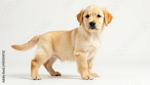 Golden Retriever puppy stands, white backdrop, doggy, dog puppy, animal