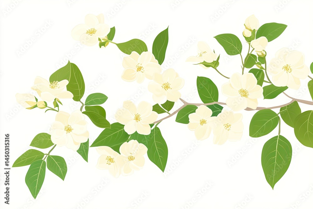 Obraz premium Delicate pale yellow blossoms and green leaves on a blossoming branch