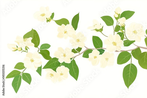 Delicate pale yellow blossoms and green leaves on a blossoming branch