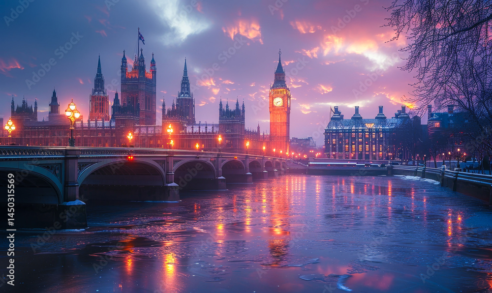 Obraz premium Illuminated London Nightscape with Big Ben and Westminster Palace Reflecting on the Thames River