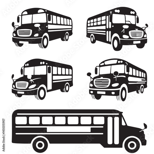 school bus icon outline coloring book page line art vector silhouettes set