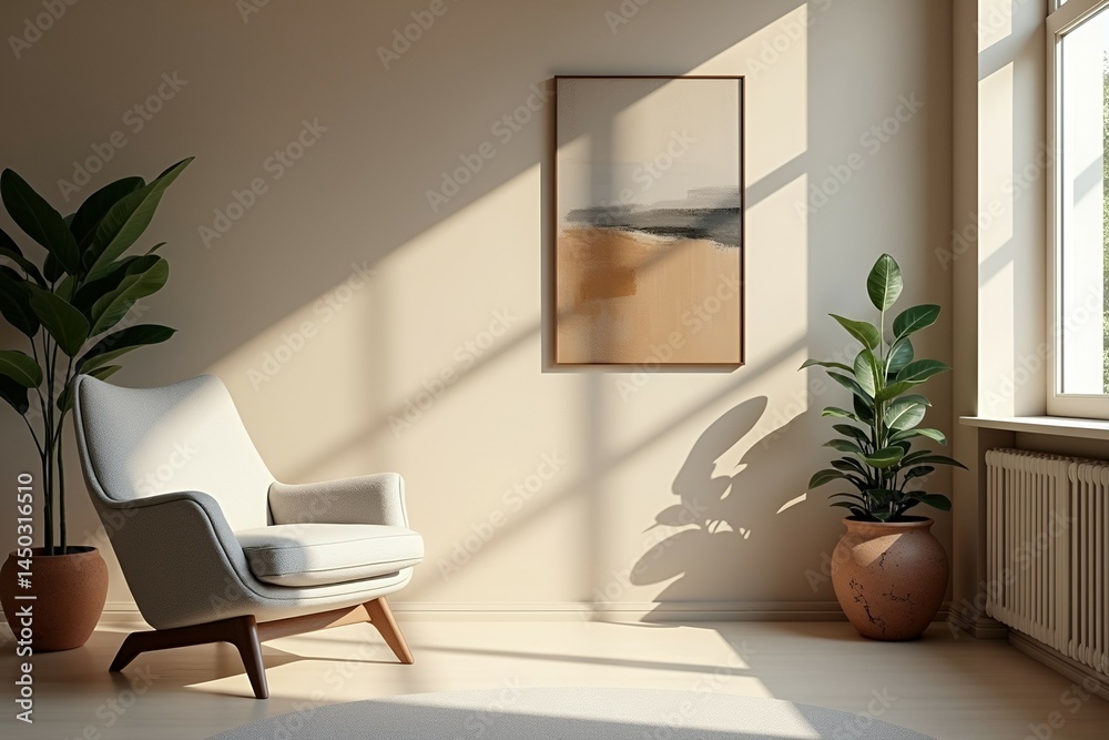 Fototapeta premium Sunlit modern chair by artwork and plants