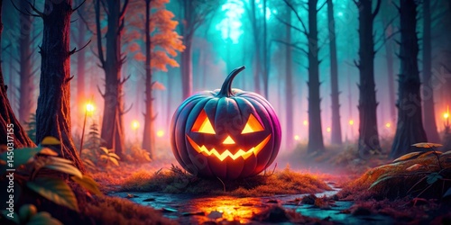 Retro synthwave jack-o-lantern with neon glow and eerie ambiance, set amidst a dimly lit spooky forest landscape at dusk, autumn atmosphere, synthwave aesthetic