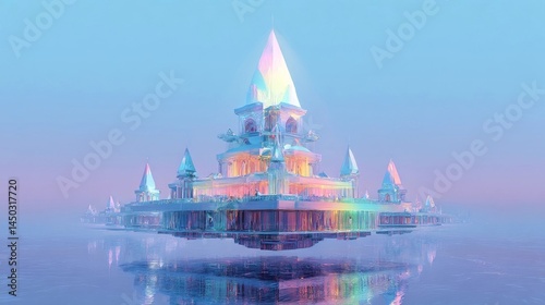 Pastel-colored floating glass palace with pointed towers reflected on calm misty water