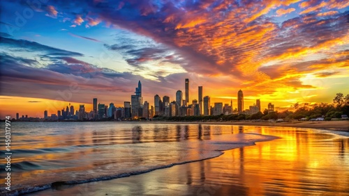 Stunning Melbourne beachscape at sunset with silhouetted skyscrapers and vibrant sky colors